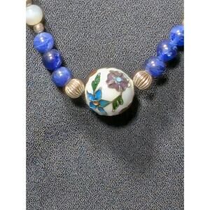 Vintage Cloisonné Floral Bead Necklace Lapis Moonstone Sterling 18" Handmade